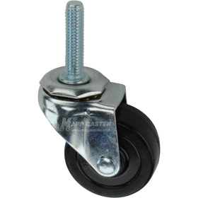 A black soft rubber caster wheel with a 1-1/2" long 3/8" threaded stem and swivel mounting.
