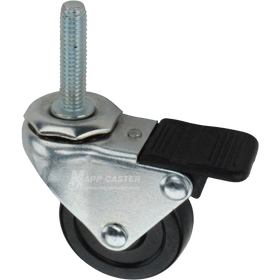A black soft rubber caster wheel with a 1-1/2" long 3/8" threaded stem and swivel mounting with brake.