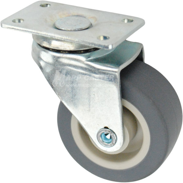 Swivel caster with a 2 inch grey thermoplastic rubber wheel and O1 Plate (1-1/4 x 2-1/16)