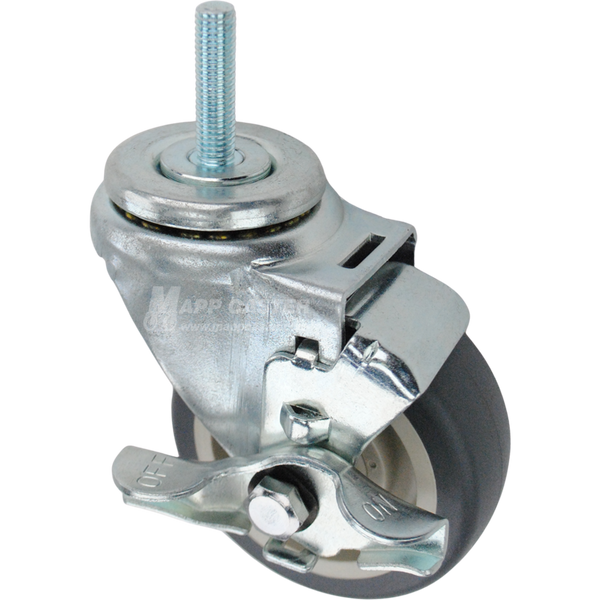 Swivel caster with a top lock brake, a 3.5 inch grey polyurethane wheel and 10mm wide threaded metal stem