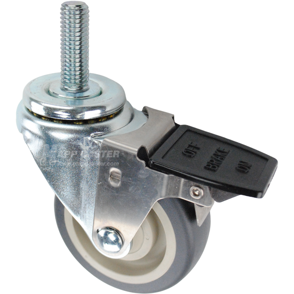 Swivel caster with a face contact brake, a 3.5 inch grey polyurethane wheel and 5/8 inch wide threaded metal stem