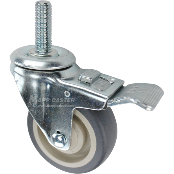 Caster wheel with a total lock brake, a 3.5 inch grey polyurethane wheel and 5/8 inch metal threaded stem