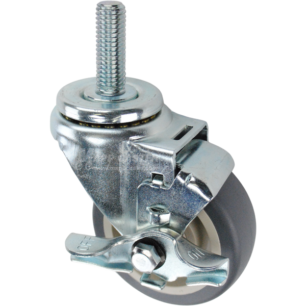 Swivel caster with a top lock brake, a 3.5 inch grey polyurethane wheel and 5/8 inch wide threaded metal stem