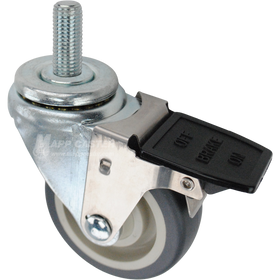 Swivel caster with a face contact brake, a 3.5 inch grey polyurethane wheel and 16mm wide threaded metal stem