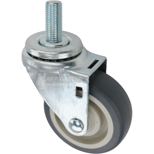 Swivel caster with a 3.5 inch grey polyurethane wheel and 20mm wide threaded metal stem
