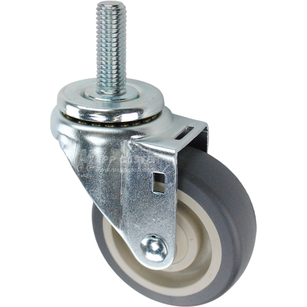 Swivel caster with a 3.5 inch grey polyurethane wheel and 5/8 inch wide threaded metal stem