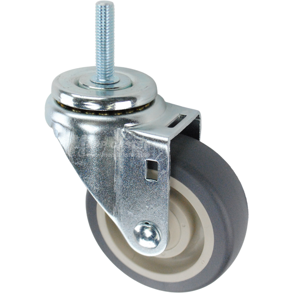 Swivel caster with a 3.5 inch grey polyurethane wheel and 3/8 inch wide threaded metal stem