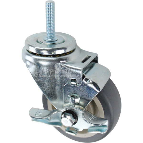 Swivel caster with a top lock brake, a 3.5 inch grey polyurethane wheel and 3/8 inch wide threaded metal stem