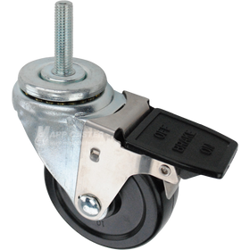 Swivel caster with a face contact brake, a 3.5 inch black hard rubber wheel and 12mm wide threaded metal stem