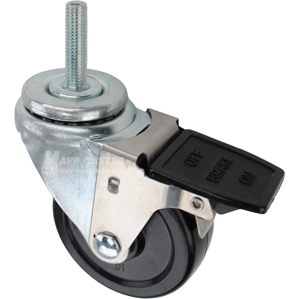 Swivel caster with a face contact brake, a 3.5 inch black hard rubber wheel and 12mm wide threaded metal stem