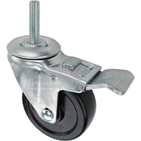Swivel caster with a total lock brake, a 3.5 inch black hard rubber wheel and 12mm wide threaded metal stem