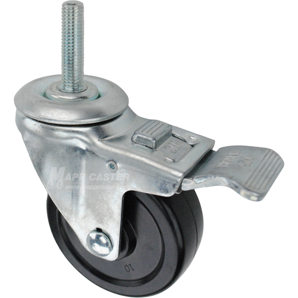 Swivel caster with a total lock brake, a 3.5 inch black hard rubber wheel and 12mm wide threaded metal stem