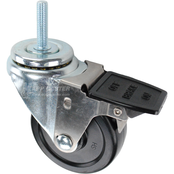Swivel caster with a face contact brake, a 3.5 inch black hard rubber wheel and 3/8 inch wide threaded metal stem