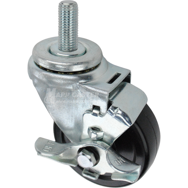 Swivel caster with a top lock brake, a 3.5 inch black hard rubber wheel and 16mm wide threaded metal stem