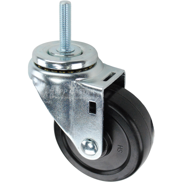 Swivel caster with a 3.5 inch black hard rubber wheel and 3/8 inch wide threaded metal stem