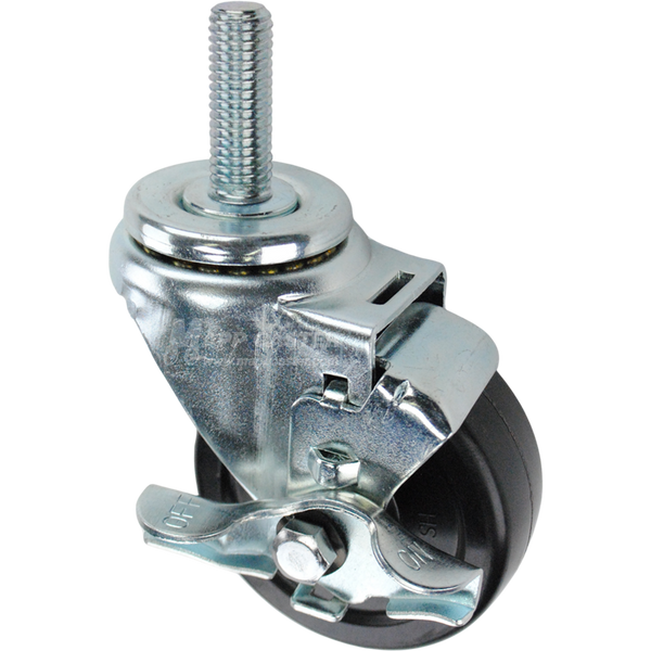 Swivel caster with a top lock brake, a 3.5 inch black hard rubber wheel and 5/8 inch wide threaded metal stem