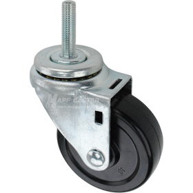 Swivel caster with a 3.5 inch black hard rubber wheel and 12mm wide threaded metal stem