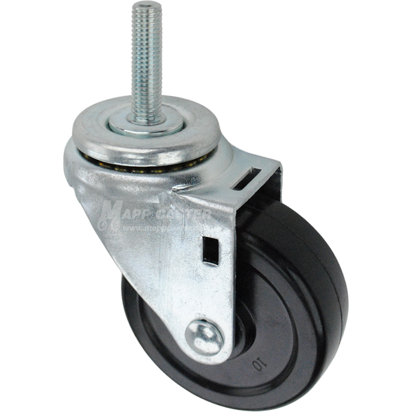 Swivel caster with a 3.5 inch black hard rubber wheel and 12mm wide threaded metal stem