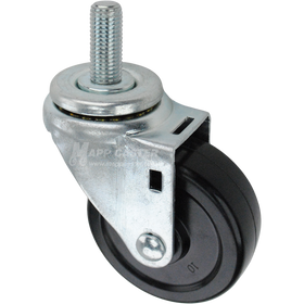 Swivel caster with a 3.5 inch black hard rubber wheel and 16mm wide threaded metal stem