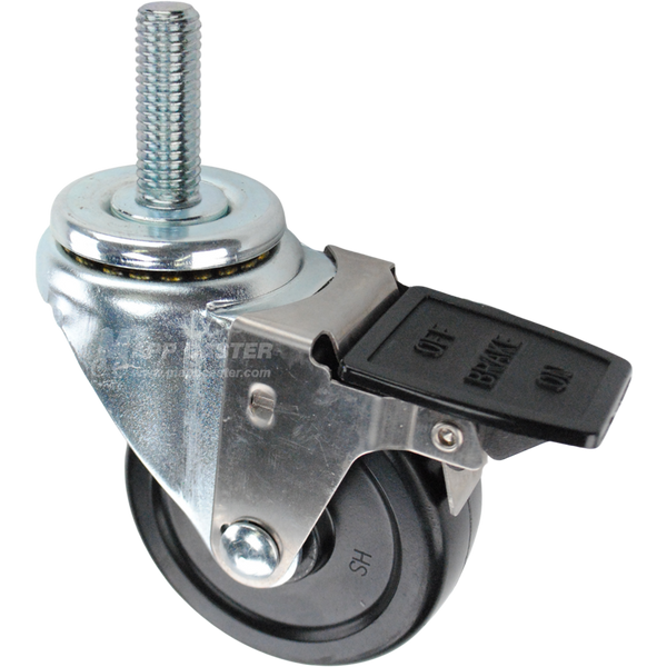 Swivel caster with a face contact brake, a 3.5 inch black hard rubber wheel and 5/8 inch wide threaded metal stem
