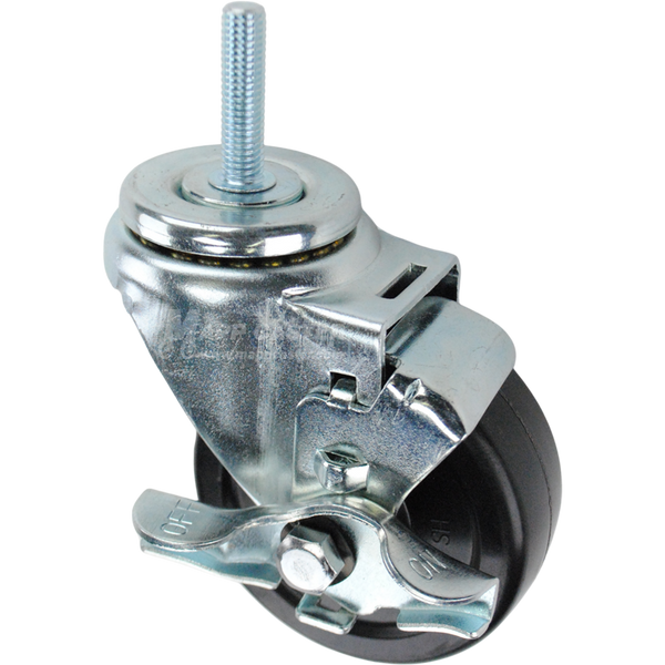 Swivel caster with a top lock brake, a 3.5 inch black hard rubber wheel and 3/8 inch wide threaded metal stem