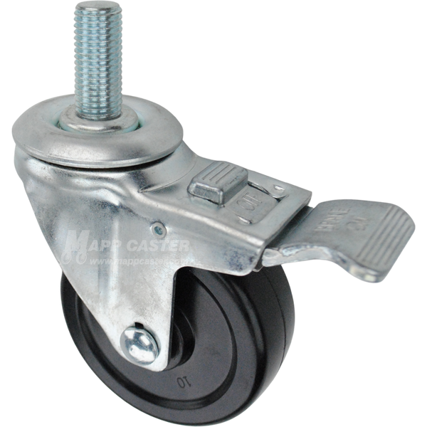 Swivel caster with a total lock brake, a 3.5 inch black hard rubber wheel and 20mm wide threaded metal stem