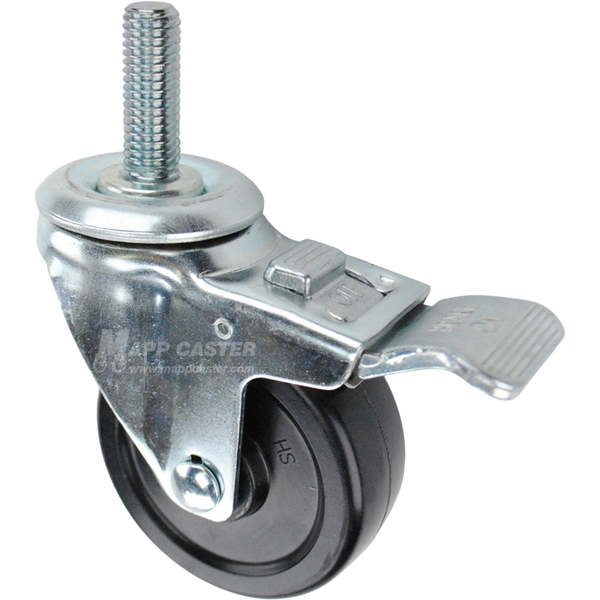 Swivel caster with a total lock brake, a 3.5 inch black hard rubber wheel and 5/8 inch wide threaded metal stem
