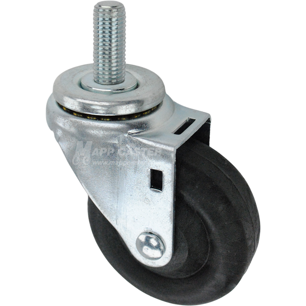 Swivel caster with a 3.5 inch black nylon wheel and 16mm wide threaded metal stem