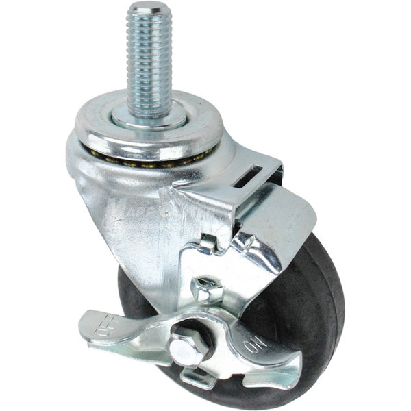 Swivel caster with a top lock brake, a 3.5 inch black nylon wheel and 3/4 inch wide threaded metal stem