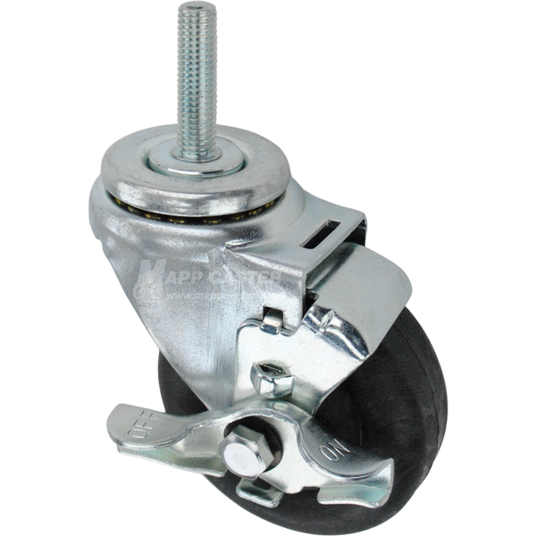 Swivel caster with a top lock brake, a 3.5 inch black nylon wheel and 12mm wide threaded metal stem