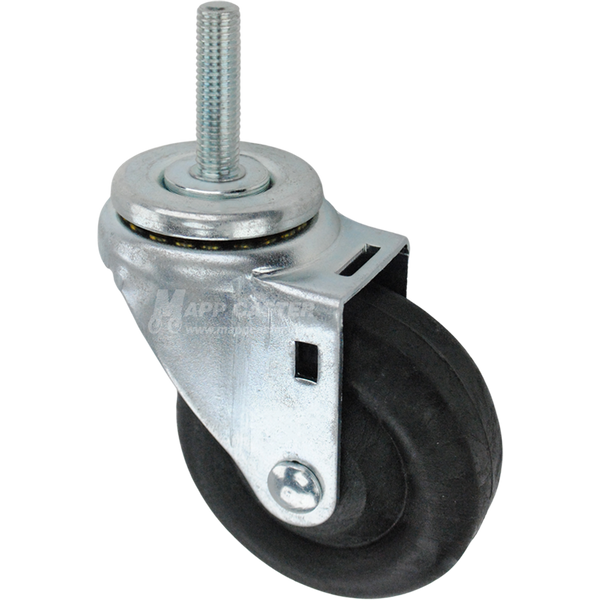 Swivel caster with a 3.5 inch black nylon wheel and 12mm wide threaded metal stem