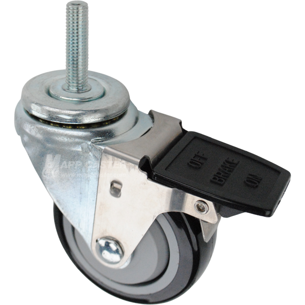 Swivel caster with a face contact brake, a 3.5 inch black polyurethane wheel and 12mm wide threaded metal stem