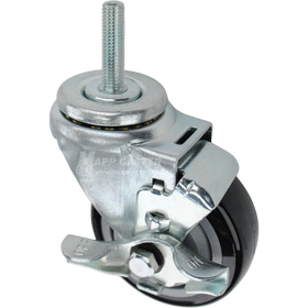 Swivel caster with a top lock brake, a 3.5 inch black polyurethane wheel and 12mm wide threaded metal stem