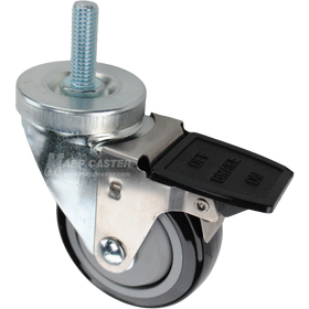 Swivel caster with a face contact brake, a 3.5 inch black polyurethane wheel and a 1-1/2 inch long, 1/2 inch wide threaded metal stem