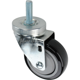Swivel caster with a 3.5 inch black polyurethane wheel and a 1-1/2 inch long, 1/2 inch wide threaded metal stem