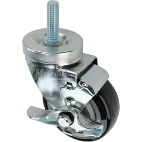 Swivel caster with a top lock brake, a 3.5 inch black polyurethane wheel and a 1-1/2 inch long, 1/2 inch wide threaded metal stem