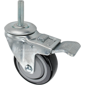 Caster wheel with a total lock brake, a 3.5 inch black polyurethane wheel and 12mm metal threaded stem