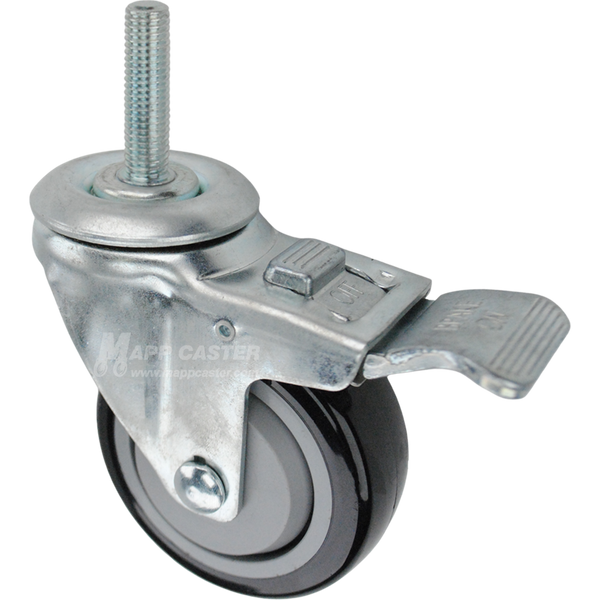 Caster wheel with a total lock brake, a 3.5 inch black polyurethane wheel and 12mm metal threaded stem