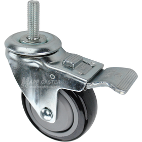Caster wheel with a total lock brake, a 3.5 inch black polyurethane wheel and a 1-1/2 inch long, 1/2 inch metal threaded stem