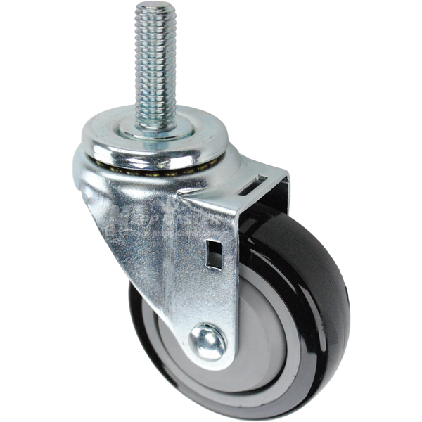 Swivel caster with a 3.5 inch black polyurethane wheel and 5/8 inch wide threaded metal stem