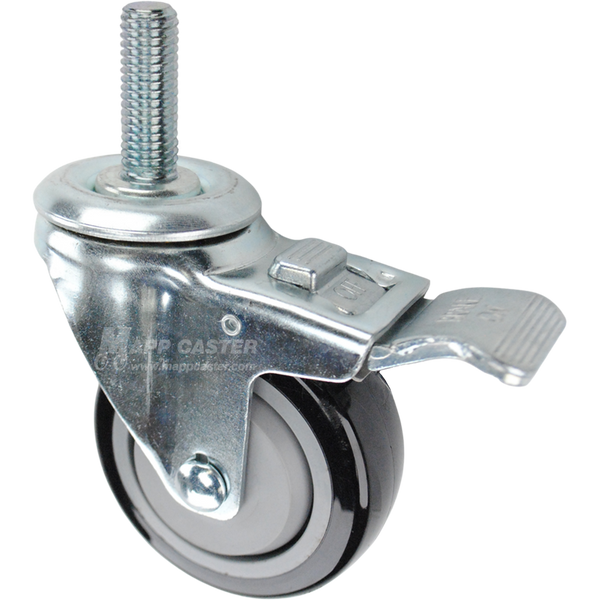 Caster wheel with a total lock brake, a 3.5 inch black polyurethane wheel and 5/8 inch metal threaded stem