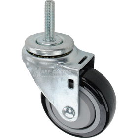 Swivel caster with a 3.5 inch black polyurethane wheel and 12mm wide threaded metal stem