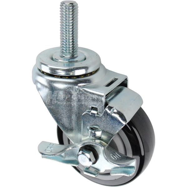Swivel caster with a top lock brake, a 3.5 inch black polyurethane wheel and 5/8 inch wide threaded metal stem