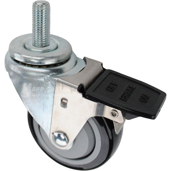 Swivel caster with a face contact brake, a 3.5 inch black polyurethane wheel and 16mm wide threaded metal stem