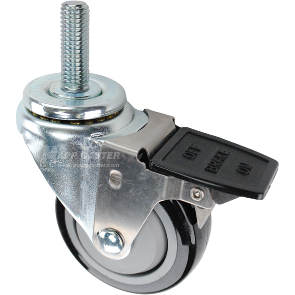Swivel caster with a face contact brake, a 3.5 inch black polyurethane wheel and 5/8 inch wide threaded metal stem