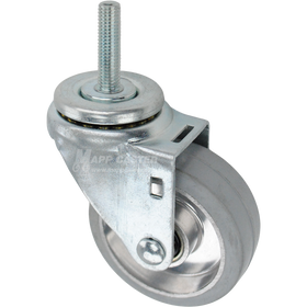 Swivel caster with a 3.5 inch grey rubber on aluminum wheel and 12mm wide threaded metal stem