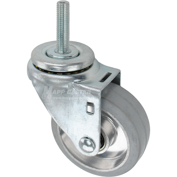 Swivel caster with a 3.5 inch grey rubber on aluminum wheel and 12mm wide threaded metal stem