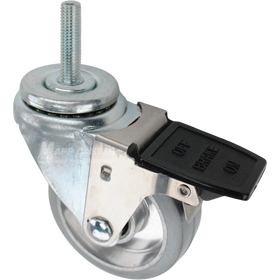 Swivel caster with a face contact brake, a 3.5 inch grey rubber on aluminum wheel and 12mm wide threaded metal stem