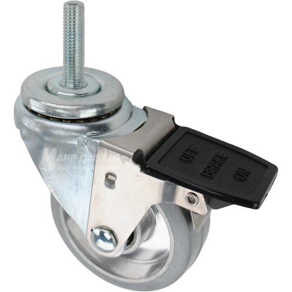 Swivel caster with a face contact brake, a 3.5 inch grey rubber on aluminum wheel and 12mm wide threaded metal stem