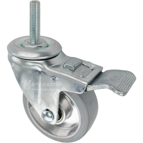 Swivel caster with a face contact brake, a 3.5 inch grey rubber on aluminum wheel and 12mm wide threaded metal stem
